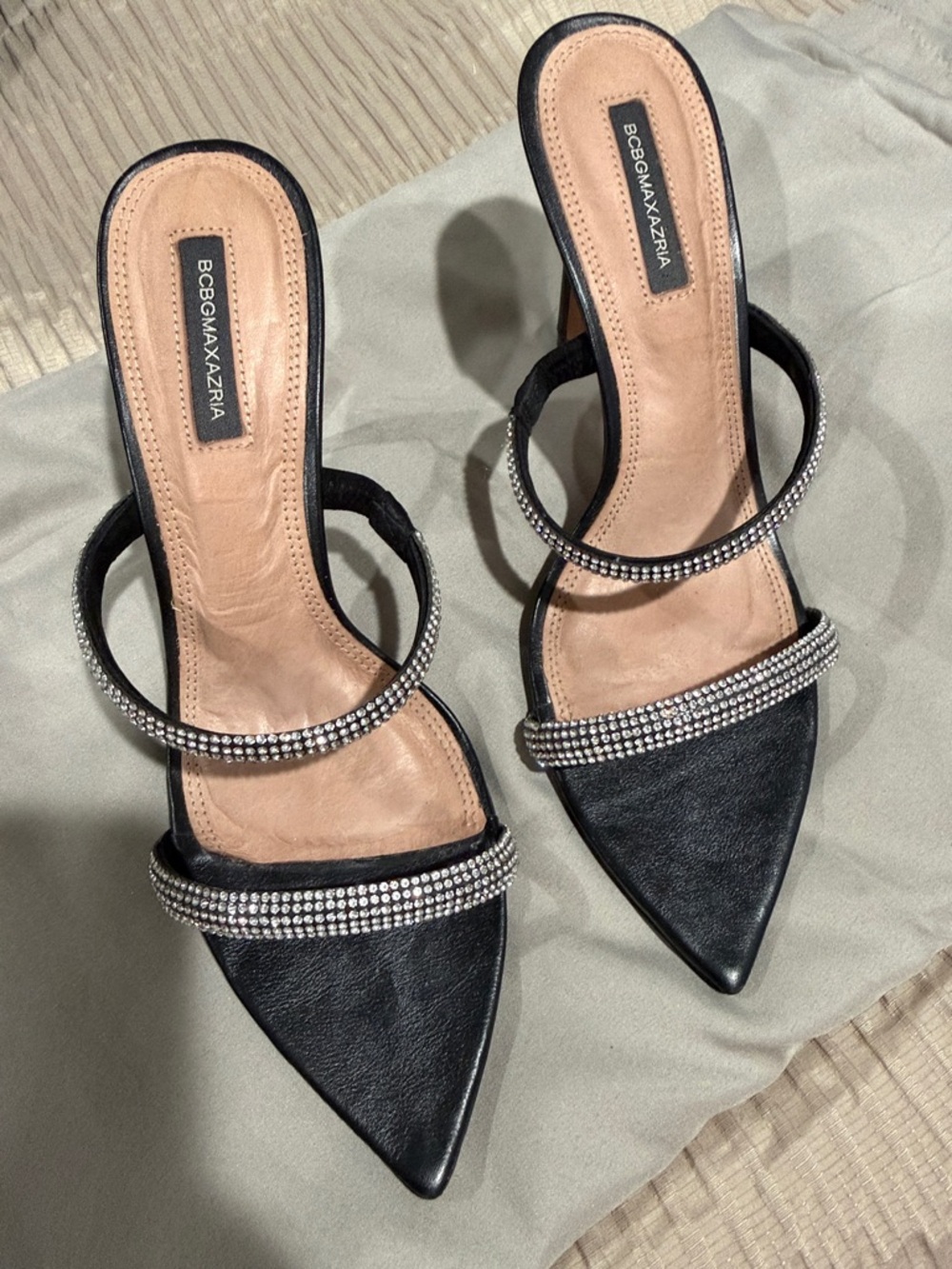 BCBGMaxAzria Black Rhinestone Double-Strap Pointed Toe Mules